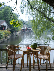 Obraz premium Traditional Chinese town_table and chairs by river_watermelon_Outdoor summer vibe