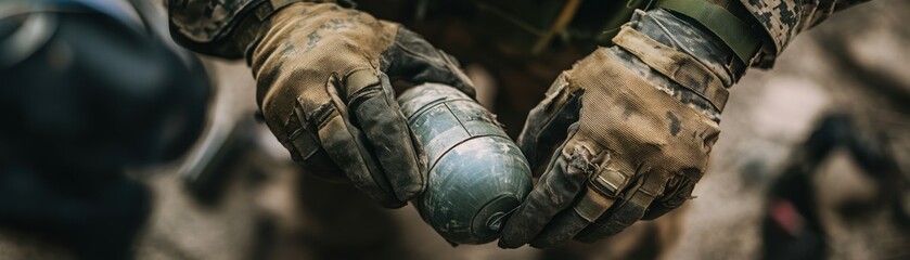 Close-up of a soldier's hands gripping a grenade, showcasing tactical gear and focus in a military environment.