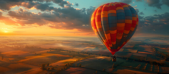 Obraz premium Hot air balloon floating gracefully above a patchwork of vibrant farmland at captivating sunset