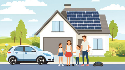 Happy family standing proudly in front of their house with solar panels on the roof, next to their