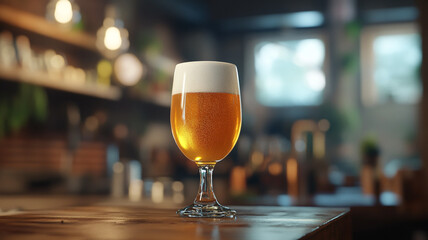 A glass of golden beer with foam on a wooden table in a cozy bar during the evening