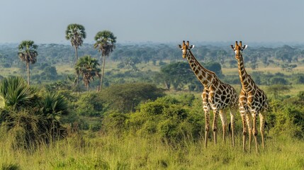 Fototapeta premium Two giraffes stand in a grassy field with palm trees in the background.
