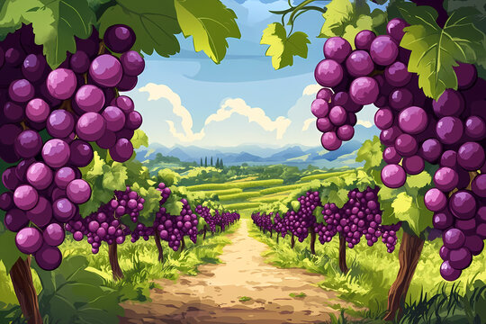 Fototapeta beautiful grape plantation cartoon illustration, fruit garden background