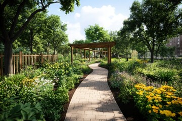 Fototapeta premium Scenic pathway winding through a lush garden filled with vibrant flowers and greenery, perfect for relaxation and nature walks.
