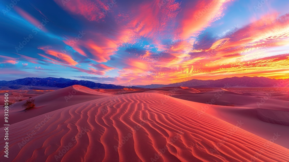 Wall mural panoramic view of a dramatic desert landscape with rolling sand dunes and a vibrant sunset.