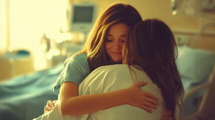 Hospital scene of a daughter giving her mother a warm hug, expressing gratitude and love after