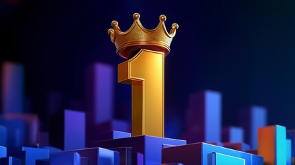 Gold Number 1 with Crown for Champion or Winner, Golden King Crown Award on Success Background Illustrating Victory, Excellence, and Leadership - 3D Rendering