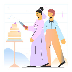 Man and woman near wedding cake