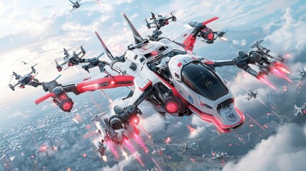 Fototapeta premium Futuristic Gunship Unleashing Laser-Equipped Drones on Battlefield, Generative Ai