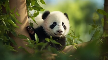 A playful panda cub perched on a tree branch, surrounded by lush green leaves, showcasing its adorable features and playful spirit.