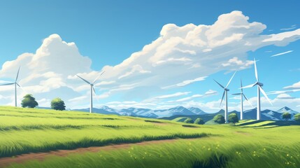 A serene landscape featuring lush green fields and wind turbines under a bright blue sky, symbolizing renewable energy.