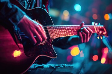 Obraz premium A close-up of a musician playing an acoustic guitar. This image is perfect for music-related projects, especially those emphasizing live performances.