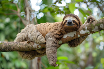 Obraz premium Cute smiling sloth relaxing on a branch in the forest, happy wildlife animal