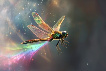 Fototapeta premium A holographic dragonfly in flight, its wings creating a rainbow trail behind it. 