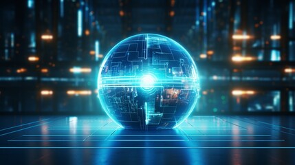 Fototapeta premium Futuristic glowing sphere with circuit patterns, representing technology and innovation in a digital environment.