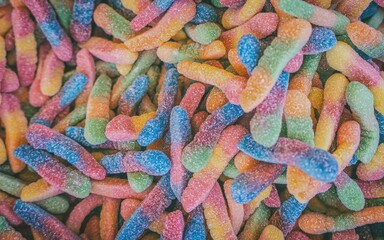 Colorful gummy candies. Top view. Toned.