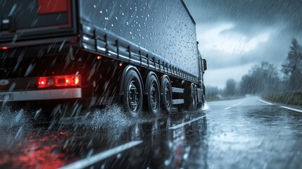 A truck driving on a rainy road, creating splashes and reflecting the stormy sky.
