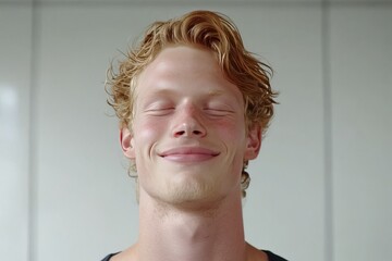 Serene young man with eyes closed smiling gently symbolizing inner peace calmness and the contentment of mindfulness in a tranquil setting