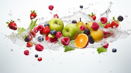 Vibrant splash of fresh fruits, including apples, berries, and oranges, captured in dynamic motion against a clean background.