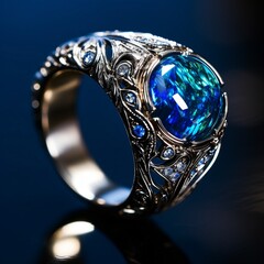Images of men's rings featuring striking blue opal stone designs