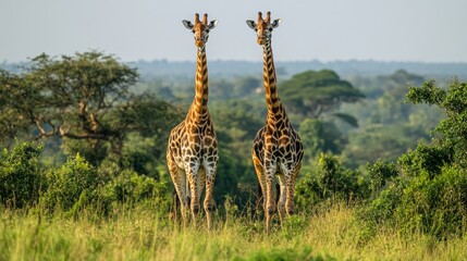Obraz premium Two giraffes stand side by side in a grassy field, looking towards the camera.