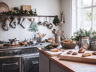 Sustainable Kitchen Decorated for Christmas with Freshly Backed Pastry