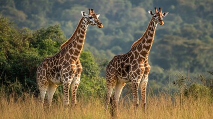 Obraz premium Two giraffes standing in a field of tall grass with a blurred background of trees.