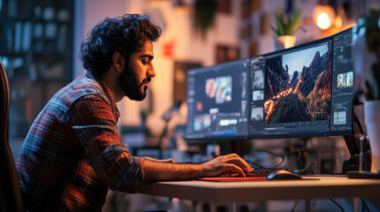 Indian male designer using 3D software to bring video game worlds to life, working on his