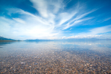 Sailimu lake, or Sayram lake, an endorheic freshwater lake in the northern Tianshan Mountains, Bortala Mongol Autonomous Prefecture, Xinjiang Uyghur Autonomous Region, China