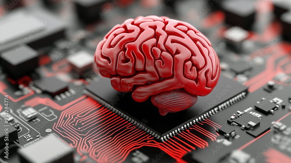 Poster a red brain is on top of a computer chip. the brain is surrounded by wires and circuitry. concept of
