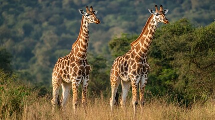 Two giraffes standing in a grassy field with a forest in the background.