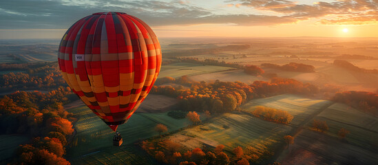 Obraz premium Majestic Hot Air Balloon Drifting Over a Breathtaking Patchwork of Autumnal Farmlands at Sunrise