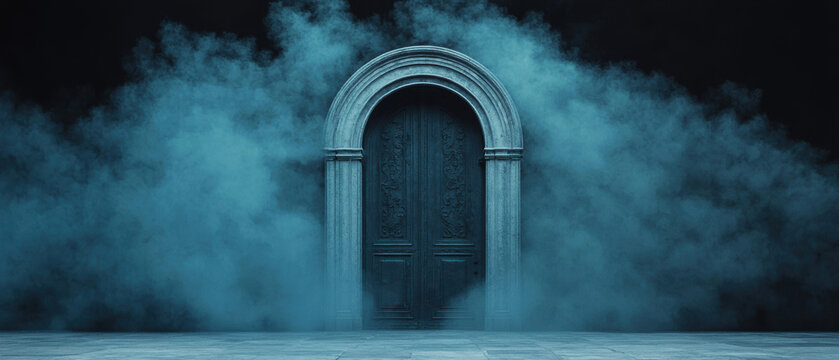 Gothic crypt door, heavy iron, obscured by mist, Watercolor style