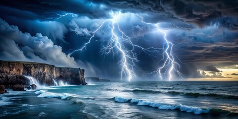 Powerful storm brewing over vast ocean with dark waves crashing against cliffs illuminated by lightning storm