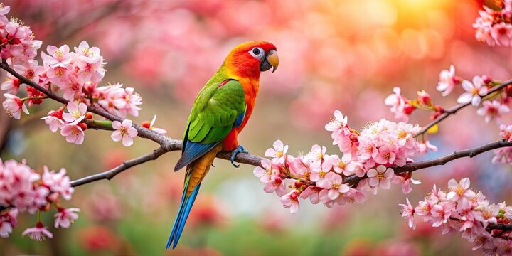 Beautiful parrot perched on cherry blossom branch in the highland forest , Spot-breasted Parrotbill, singing, sakura flower
