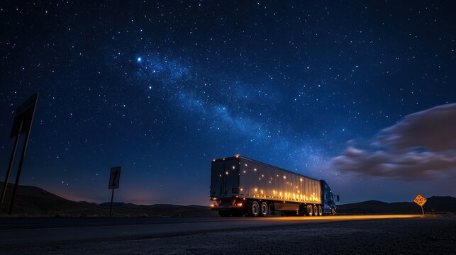 A truck parked under a starry sky, highlighting the beauty of the night landscape.