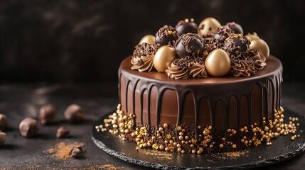Luxurious Chocolate Cake with Golden and Brown Decorations, Perfectly Rendered Dessert for Posters, Banners, and Backgrounds