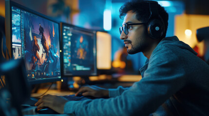 Fototapeta premium Indian male game designer crafting immersive video game environments using 3D software on
