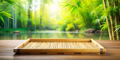 Close up of a bamboo tray set in a serene natural environment, perfect for decorative purposes