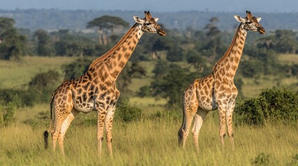 Fototapeta premium Two Giraffes Standing in Tall Grass in a Savanna Landscape.