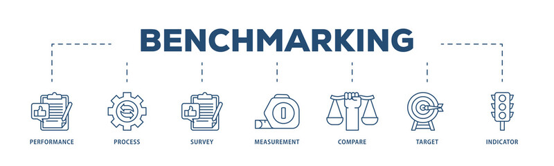 Benchmarking icons process structure web banner illustration of performance, process, survey, measurement, compare, target, and indicator icon png transparent background.