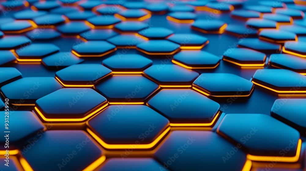 Poster a blue and orange hexagonal pattern with a bright orange glow. the pattern is made up of many small 