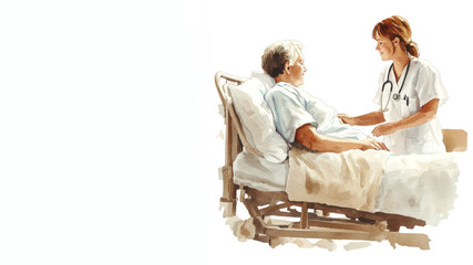 Brown watercolor painting of a nurse taking care patient on bed