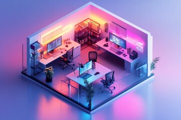 Create an isometric office scene inside a cube, showcasing a modern workspace with sleek furniture and tech gadgets. Use vibrant colors and professional lighting to accentuate details and add depth