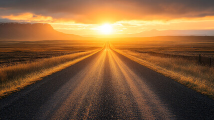 A lonely road stretches through the vast desert in Iceland, bathed in the warm glow of the setting sun. --ar 16:9 --v 6.1 Job ID: 68756255-e9f6-407f-8dc7-bab63a35f4fc