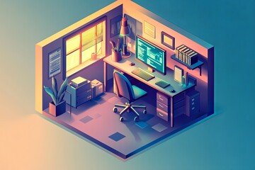 Illustrate a cartoonish isometric office setup inside a 1x1x1 cube. Use a playful color scheme and balanced light and shadow effects to emphasize the whimsical yet polished nature of the scene.