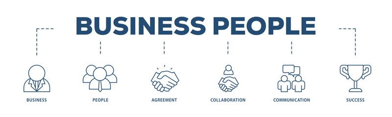 Business people icons process structure web banner illustration of business, people, agreement, collaboration, communication and success icon png transparent background.