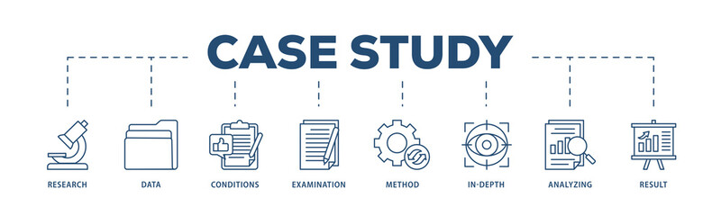 Case study icons process structure web banner illustration of research, data, conditions, examination, method, in depth, analyzing, and result icon png transparent background.