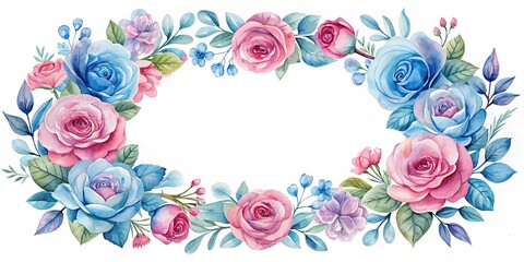 Watercolor floral frame featuring blue and pink roses, perfect for botanical designs and romantic themes