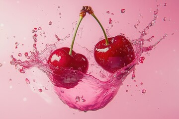 cherries splashing into water on pink background